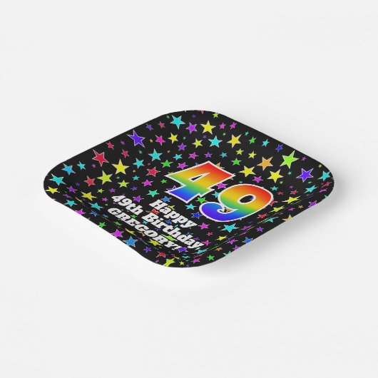 49th Birthday: Fun Stars Pattern and Rainbow “49” ペーパープレート (傾斜あり)