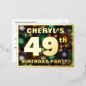 49th Birthday Party:, はっきりした Fireworks カラフル Look 箔招待状ポストカード (正面/裏面)