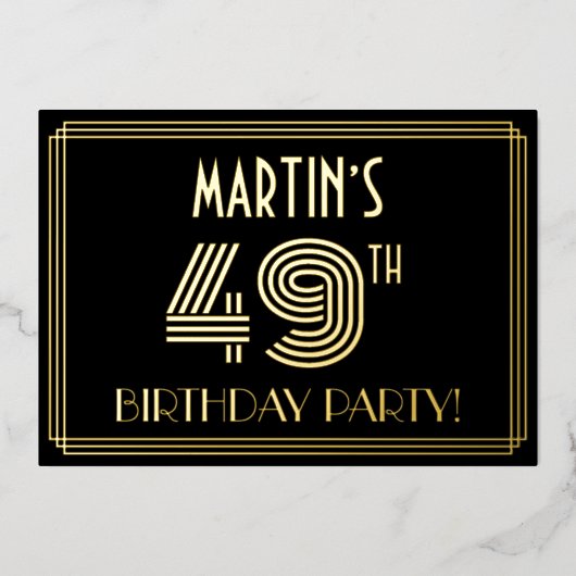 49th Birthday Party —アールデコスタイル「49」 +名前 箔招待状 (正面)