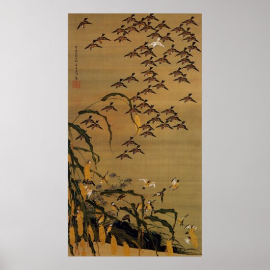 4. 秋塘群雀図, 若冲 Flock of Sparrows, Jakuchū ポスター (正面)