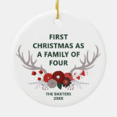 4〔雄ジカの〕枝角の家族としての最初のクリスマスパーソナライズされた セラミックオーナメント (裏面)