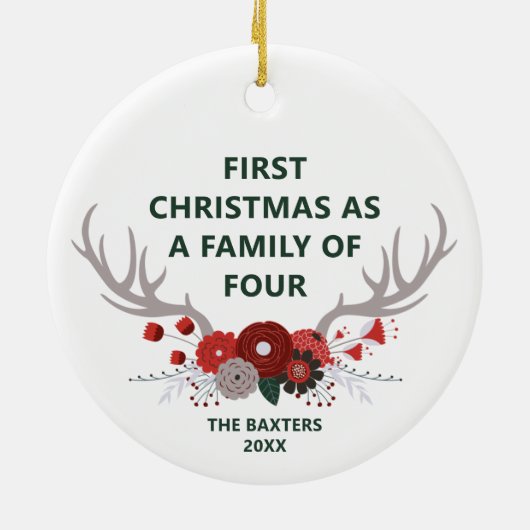 4〔雄ジカの〕枝角の家族としての最初のクリスマスパーソナライズされた セラミックオーナメント (裏面)