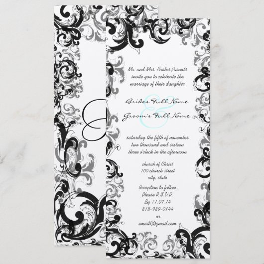 4.25x9.25サイズの華やかなスワール結婚式招待状（新デザイン） 招待状 (正面/裏面)