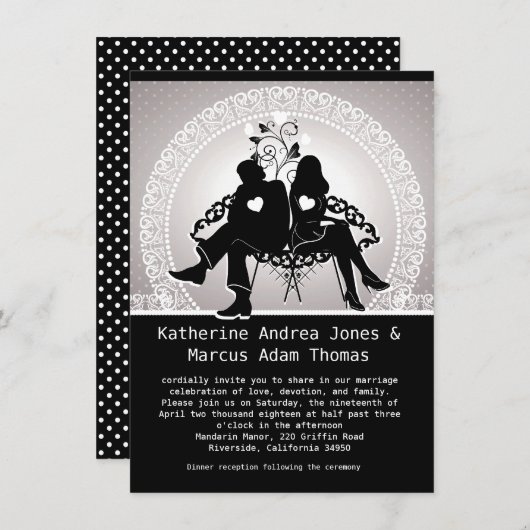 4.5 x黒い6.25及び白いダマスク織の結婚式招待状 招待状 (正面/裏面)