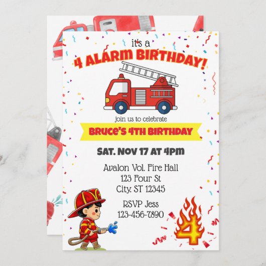 4 Alarm Fire Fighter 4th Birthday 招待状 (正面/裏面)