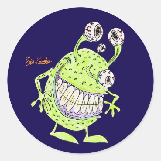 4 eyed green alien monster ラウンドシール (正面)