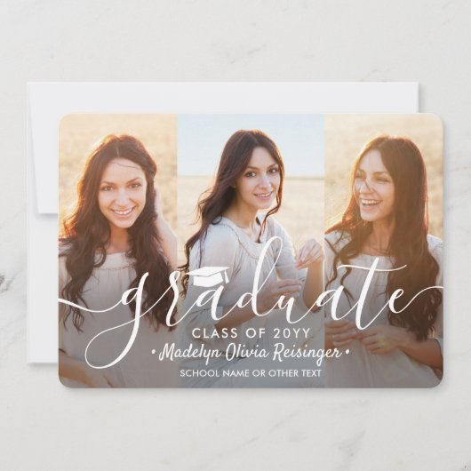 4 Graduation Photos Modern White Script Overlay 案内状 (正面)