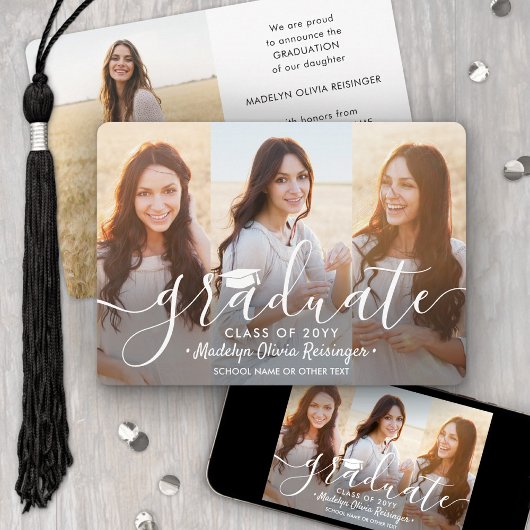 4 Graduation Photos Modern White Script Overlay 案内状