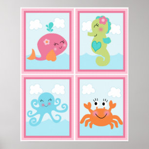 4 in 1 Under the Sea/Pink Whale 8 x 10子供部屋アート ポスター
