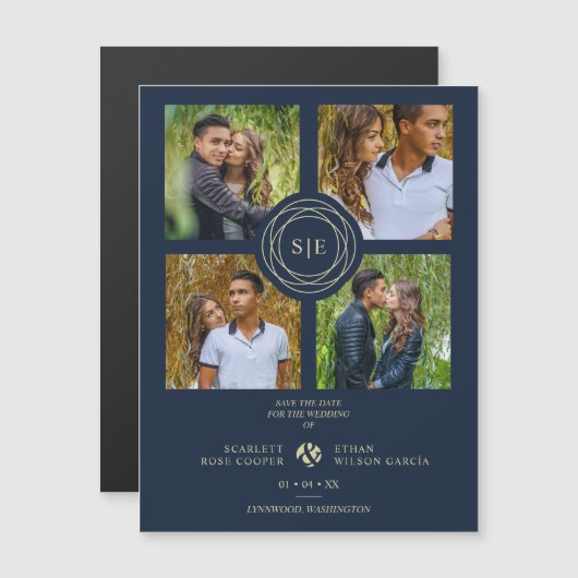 4 Multi Photos Navy Blue & Gold Minimal Initials (正面/裏面)