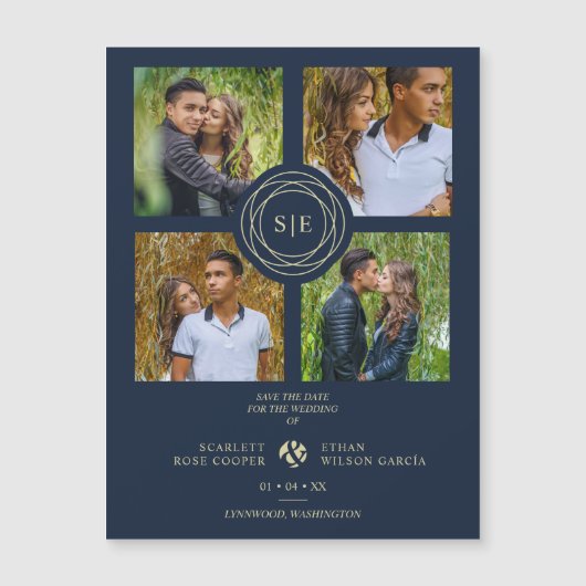 4 Multi Photos Navy Blue & Gold Minimal Initials (正面)