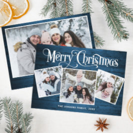 4 PHOTOクリスマスブルー素朴ウッド挨拶 シーズンカード