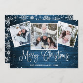 4 PHOTOクリスマスブルー素朴ウッド挨拶 シーズンカード (正面/裏面)