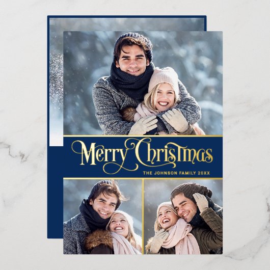 4 PHOTO単に輝くエレガントクリスマス金ゴールド 箔シーズンカード (正面/裏面)