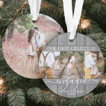 4 Photo 1st Christmas Engaged Gray Faux Wood Round オーナメント<br><div class="desc">Celebrate the joyful 1st holiday of your engagement with a custom 4 photo "Our First Christmas Engaged" round grey faux wood acrylic ornament. All wording and images on this template are simple to personalize. (IMAGE PLACEMENT TIP: An easy way to center a photo exactly how you want is to crop...</div>