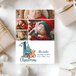 4 Photo Blue Teddy Baby 1st Christmas シーズンカード