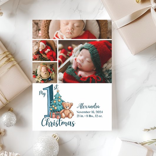 4 Photo Blue Teddy Baby 1st Christmas シーズンカード