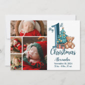 4 Photo Blue Teddy Baby 1st Christmas シーズンカード (正面)