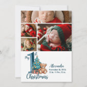 4 Photo Blue Teddy Baby 1st Christmas シーズンカード (正面)