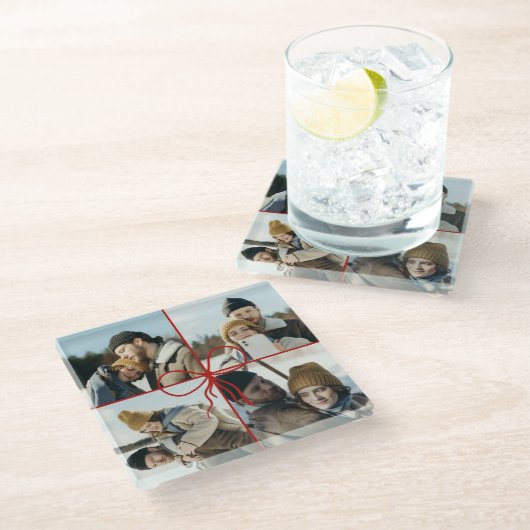 4 Photo Bow Wrap Christmas Newlyweds Modern ガラスコースター (アングル)