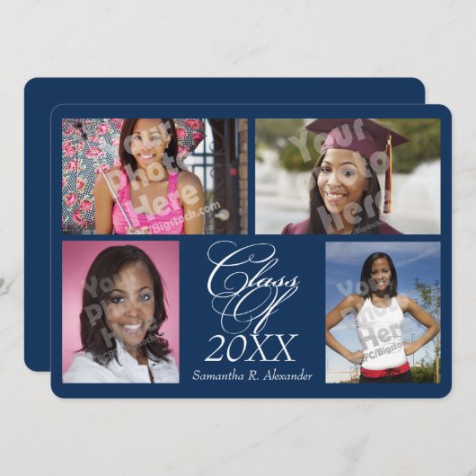 4-Photo Collage Navy Blue卒業発表 招待状 (正面/裏面)