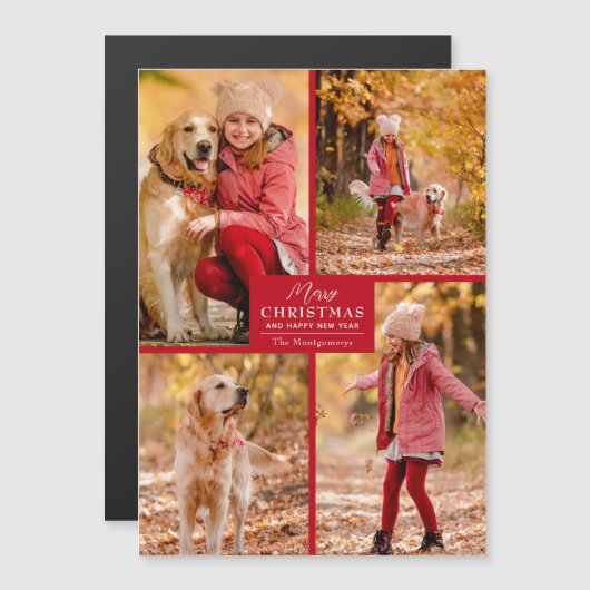 4 Photo Collage Red Christmas Magnetic Cards (正面/裏面)