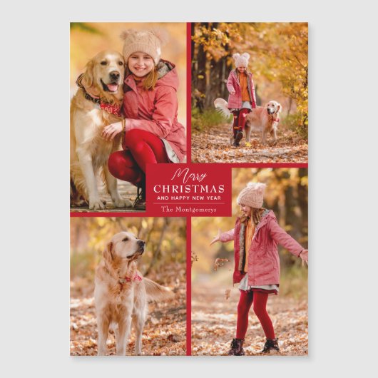4 Photo Collage Red Christmas Magnetic Cards (正面)