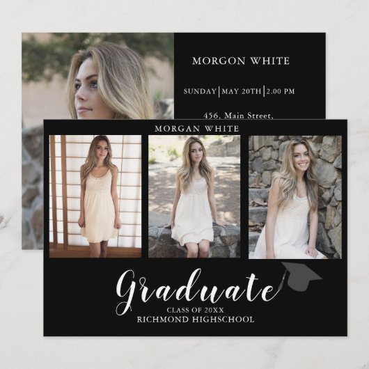 4 Photo Collage Simple Modern Black Graduation  案内状 (正面/裏面)