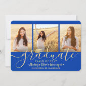 4 Photo Graduation Collage Script Royal Blue Gold 案内状 (正面)