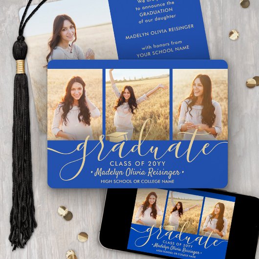 4 Photo Graduation Collage Script Royal Blue Gold 案内状