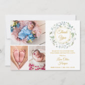 4 Photo Greeneryフローラ金ゴールドありがとうベビー誕生 案内状 (正面)