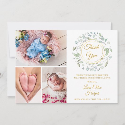 4 Photo Greeneryフローラ金ゴールドありがとうベビー誕生 案内状 (正面)