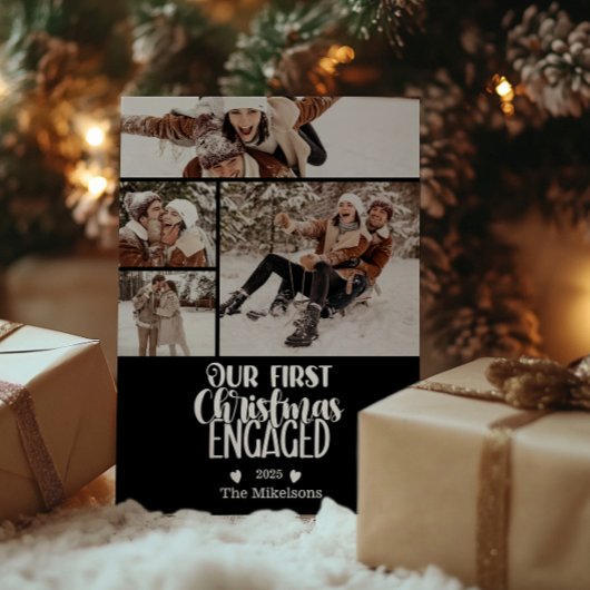 4 Photo Minimalist First Christmas Engaged シーズンカード
