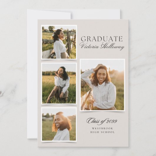 4 Photo Modern Ivory Graduation Announcement  招待状 (正面)