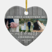4 Photo Mr & Mrs 1st Christmas Faux Wood Heart セラミックオーナメント (正面)
