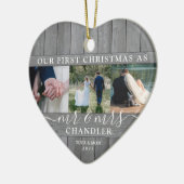 4 Photo Mr & Mrs 1st Christmas Faux Wood Heart セラミックオーナメント (左)