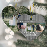 4 Photo Mr & Mrs 1st Christmas Faux Wood Heart セラミックオーナメント<br><div class="desc">Celebrate a joyful 1st holiday as a married couple with a custom 4 photo collage "Our First Christmas as Mr. & Mrs." heart-shaped ceramic ornament. All text and images on this template are simple to personalize. (IMAGE PLACEMENT TIP: An easy way to center a photo exactly how you want is...</div>