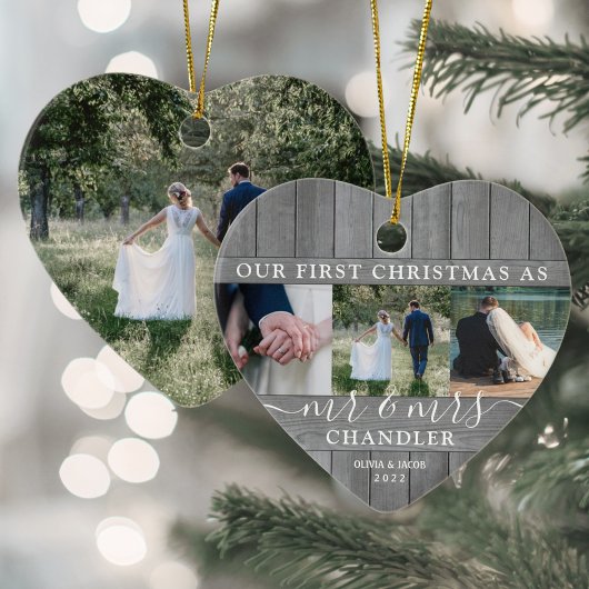 4 Photo Mr & Mrs 1st Christmas Faux Wood Heart セラミックオーナメント