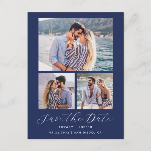 4 Photo Navy Blue Save the Date ポストカード (正面)