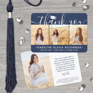 4 Photo New Address Navy Blue and White Graduation サンキューカード