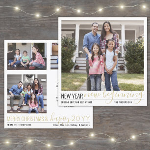4 Photo New Year New Beginningシンプル Script金ゴールド シーズンカード