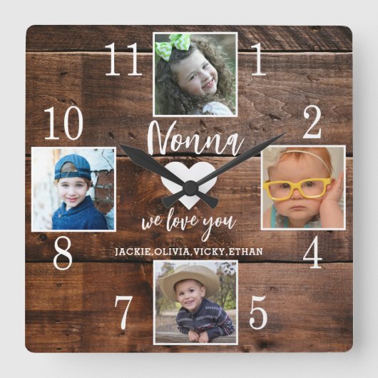 4 Photo Rustic Brown Wood Love You Nonna Grandkids スクエア壁時計 (正面)