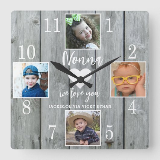4 Photo Rustic Gray Wood Love You Nonna Grandkids スクエア壁時計 (正面)
