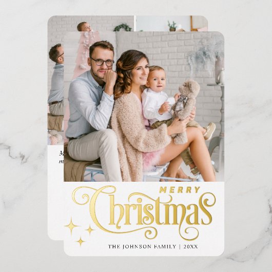 4 PHOTO Sparkleメリークリスマスグリーティング金ゴールド 箔シーズンカード (正面/裏面)