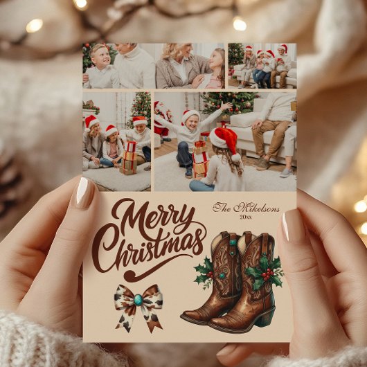 4 Photo Western Bow & Boots Christmas シーズンカード