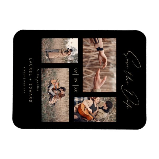 4 Photos Modern Collage Wedding Wimshical Script マグネット (横)