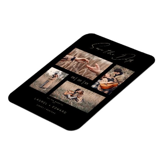 4 Photos Modern Collage Wedding Wimshical Script マグネット (左側)