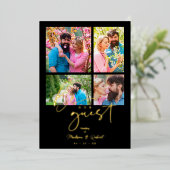 4 photos Real Golden Black Trendy Collage Wedding 箔招待状 (立ち正面)