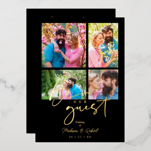 4 photos Real Golden Black Trendy Collage Wedding 箔招待状 (正面/裏面)