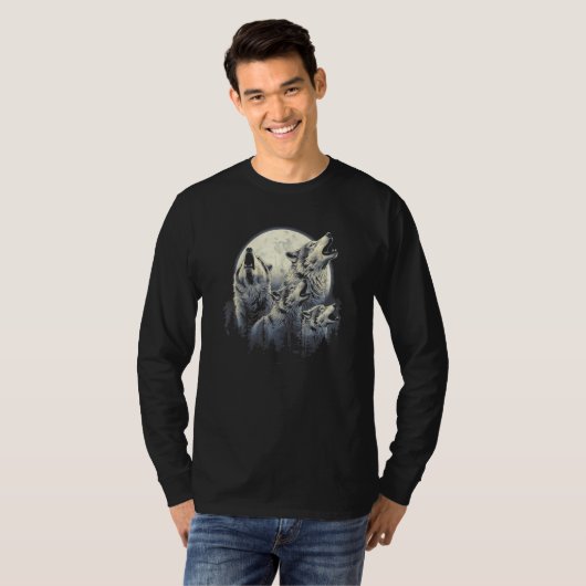 4 Wolves Howling Full Moon in Background - Wolf Lo Tシャツ (正面フル)